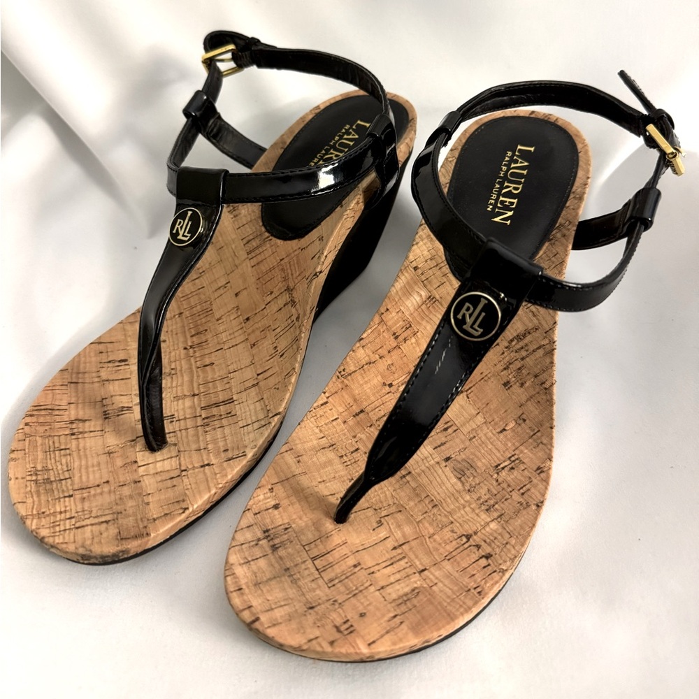 Women’s Ralph Lauren black wedge sandals in size 9.5.